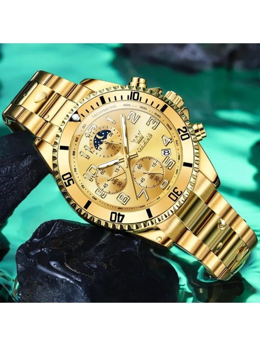 Men's Gold Elegant Stainless Steel Waterproof Quartz Big Face Fashion Wristwatch